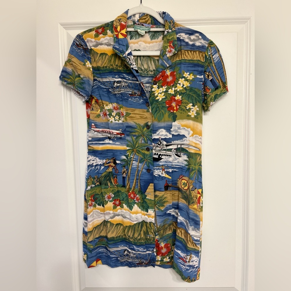 Vintage Reyn  Spooner Tropical Scenic Dress - Blue, Green, Red